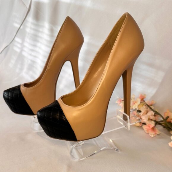 Chic Beige & Black Platform Heels - Picture 2 of 8